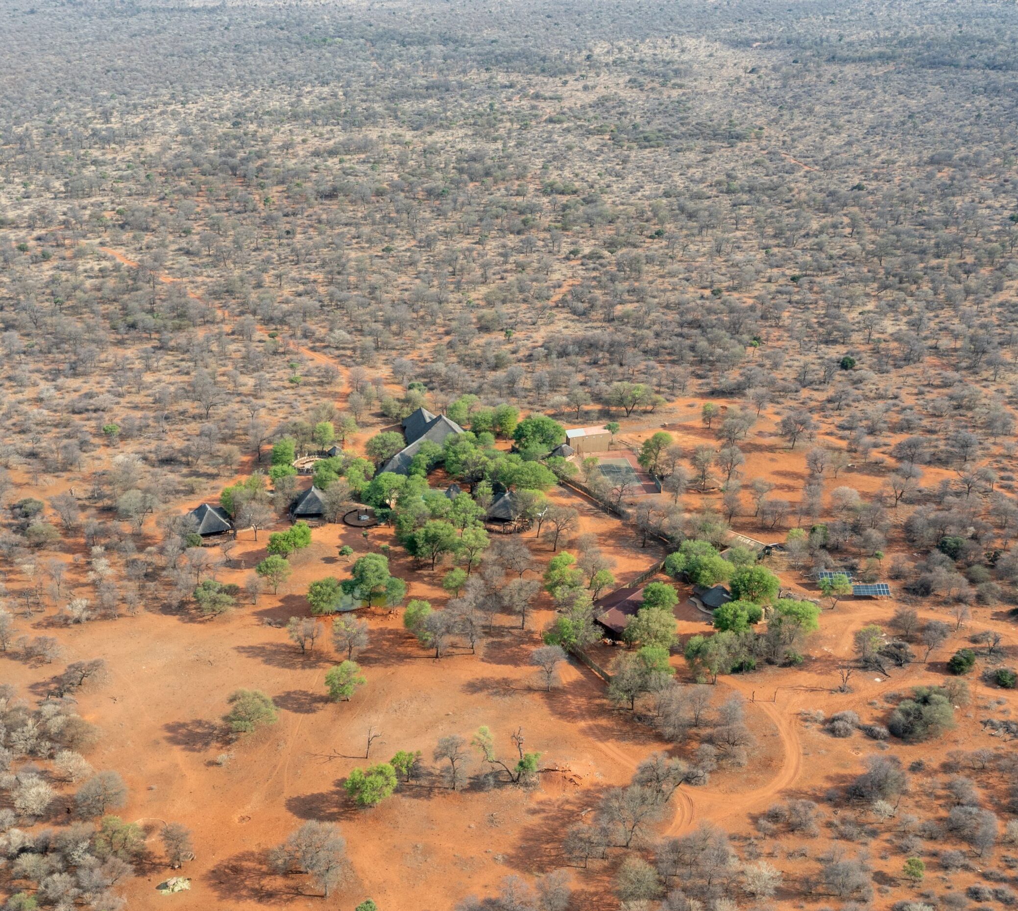 Tumbeta Family Lodge_Drone Footage Aerial view of Tumbeta Family Lodge nestled in the Waterberg bushveld.